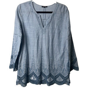 NYDJ Blue Tunic Blouse Top M 100% Cotton Batiste Embroidered Long Sleeve A58